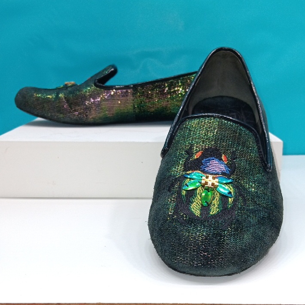 Tory Burch Iridescent Green Beetle-Embellished Loafers Leather Upper Size 6.5M